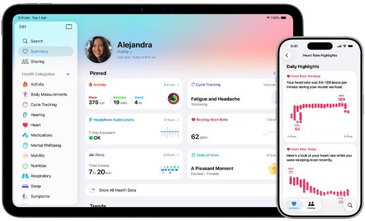 Health app with summary of health information including activity, cycle tracking, headphone audio levels, resting heart rate, sleep and state of mind