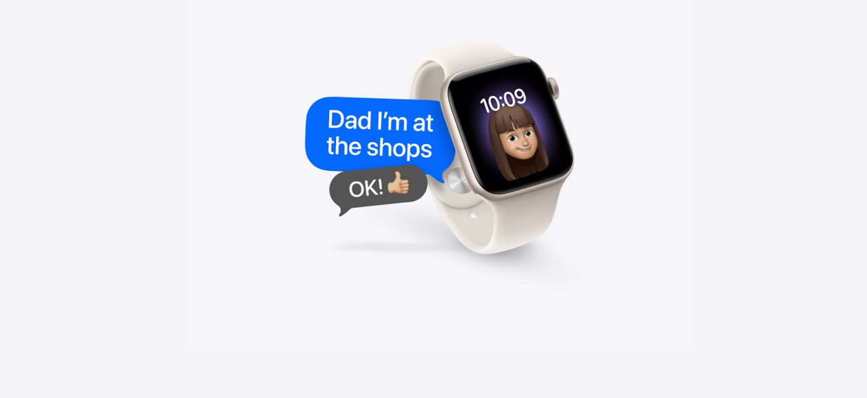 Apple Watch, the face is a Memoji of a young girl winking, a text bubble says “Dad I biked to the store”, and a reply bubble says “OK!” with a thumbs-up emoji