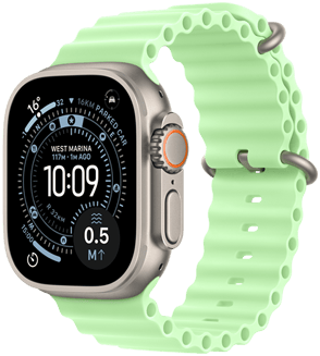 Apple Watch Ultra 3, натурален цвят, титанов корпус, Orienteering циферблат, компликации: UV Index, Activity, Satellite, Compass, екстериор от дясната страна, Digital Crown, микрофон, страничен бутон, каишка Ocean Band в неоново зелен цвят
