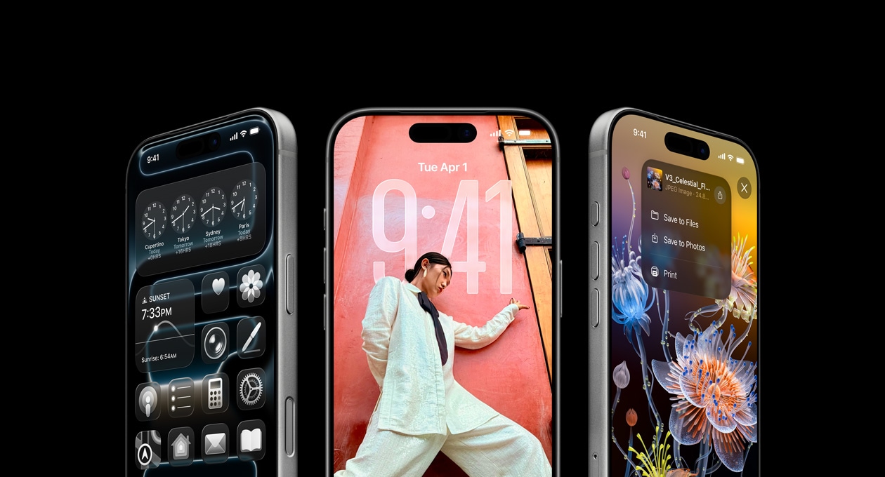 3 модела iPhone 17 Pro, екстериорен изглед отпред, един до друг, показващи World Clock функцията, Lock Screen на iOS 26 и как да сейвнеш бележки в Notes приложението