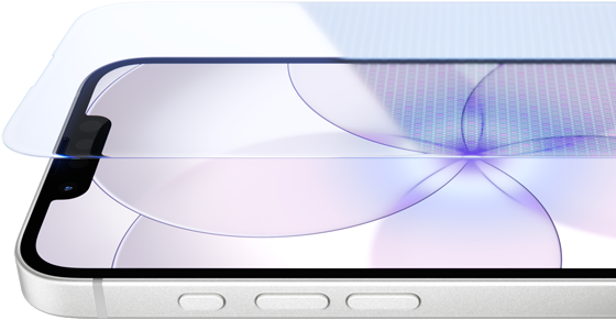 iPhone 17e, преден екстериор със Ceramic Shield 2, страничен екстериор, бял цвят, бутони: Действие, сила на звука