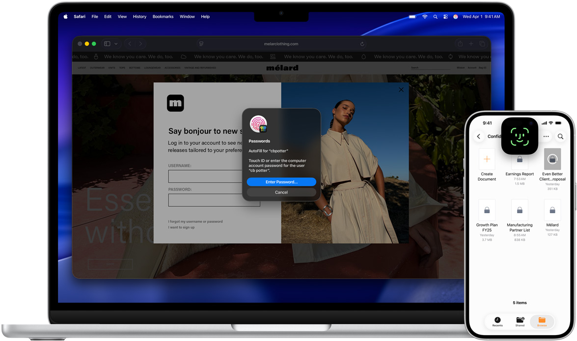 MacBook com a janela do Touch ID e papel de parede do macOS Tahoe. Em frente ao MacBook, há um iPhone com a tela do Face ID