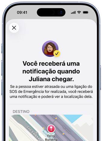 A tela do iPhone mostra a confirmação de que uma notificação do Buscar foi configurada. O texto diz que a pessoa será notificada quando Pedro chegar, e há um mapa com a localização fixada na parte inferior da tela.