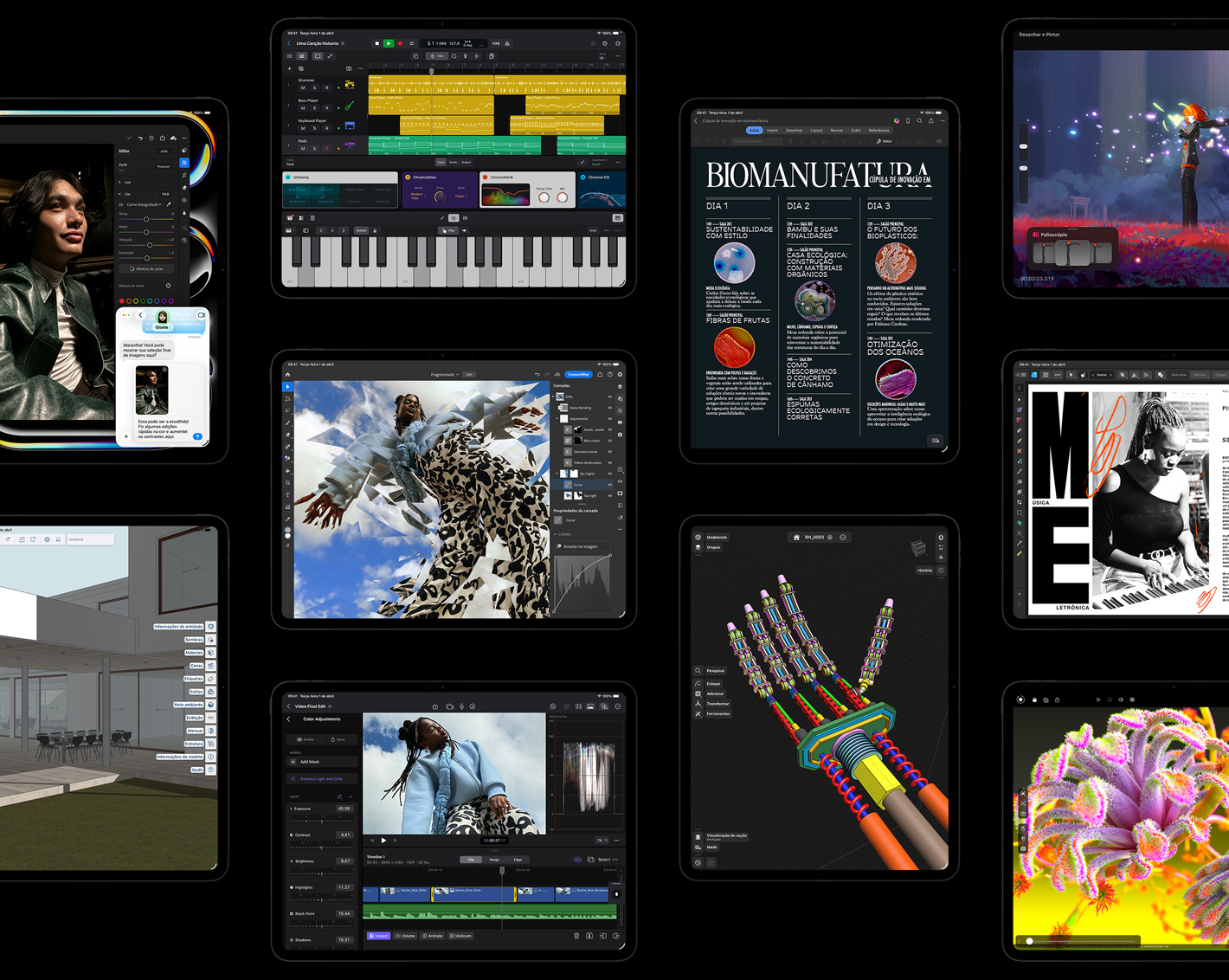 Várias telas do iPad Pro mostram projetos criativos abertos em apps para iPadOS, incluindo Logic Pro, Adobe Lightroom, Adobe Photoshop, Final Cut Pro, Trimble SketchUp, Microsoft Word, Procreate Dreams, Affinity Designer 2, Shapr3D, Octane X