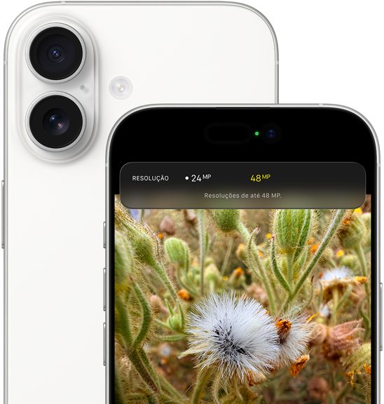 Parte de trás do iPhone 17 branco mostrando as bordas arredondadas e o sistema de câmera dupla Fusion no canto superior esquerdo, parte da frente com a Dynamic Island e as bordas arredondadas