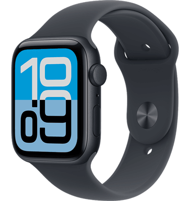 Apple Watch SE 3, boîtier en aluminium, minuit, cadran Flux, côté droit, Digital Crown, microphone, bouton latéral, bracelet sport minuit, fermoir à clou et passant argent
