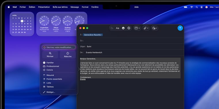 Outils d’écriture Apple Intelligence utilisés pour modifier le ton d’un courriel à l’écran d’un MacBook Pro 14 pouces, avec les widgets Horloge et Calendrier en arrière-plan.