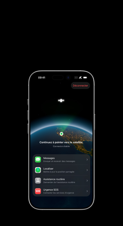 Un iPhone affichant une image satellite des États-Unis et une notification relative à l’envoi et à la réception de messages en l’absence d’un réseau Wi-Fi ou cellulaire, avec une liste de fonctionnalités : Messages, Localiser, Assistance routière et Urgence SOS