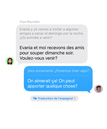 Traduction en direct dans Messages, où un texto d’invitation à un souper est traduit automatiquement en espagnol