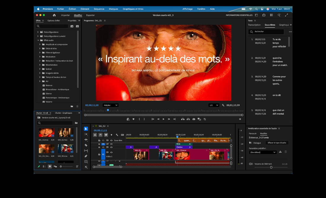 Écran d’un MacBook Pro montrant le montage d’un film dans Adobe Premiere Pro