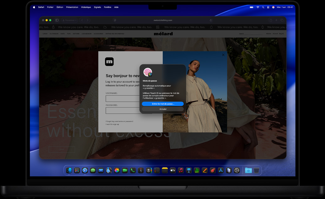 MacBook Pro, noir infini, Safari et l’app Mots de passe invitent à se connecter à un site web avec Touch ID