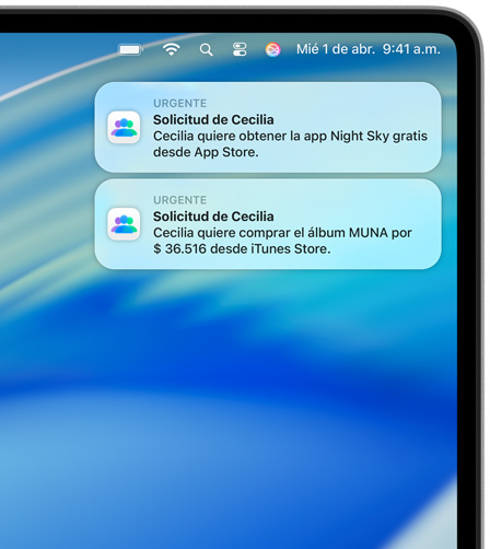 Dos notificaciones en macOS en la esquina superior derecha de la pantalla de una Mac, cada una con una solicitud de compra: la primera para Night Sky en el App Store y la segunda para el álbum de MUNA en el iTunes Store