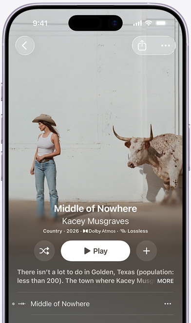 Obrazovka iPhonu zobrazující album Kacey Musgraves „Middle of Nowhere“ v Apple Music