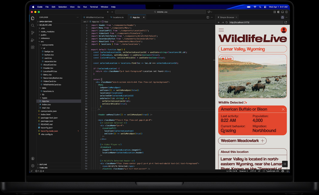 Na obrazovce MacBooku Pro je zobrazený kód aplikace v programu Visual Studio Code