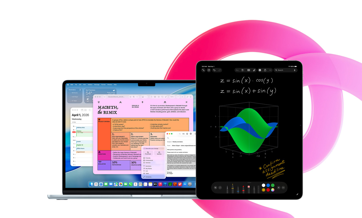 Ein MacBook Air zeigt Pages, Kalender, einen Hinweis und Mail neben einem iPad mit handschriftlichen Gleichungen in Mathematische Notizen, um Produktivität mit integrierten Apps zu demonstrieren
