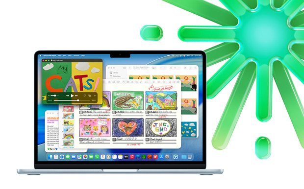 Ein MacBook in Himmelblau mit Quicktime, Notizen, Keynote und Fotos zeigt die Möglichkeit zum Multitasking mit mehreren Apps