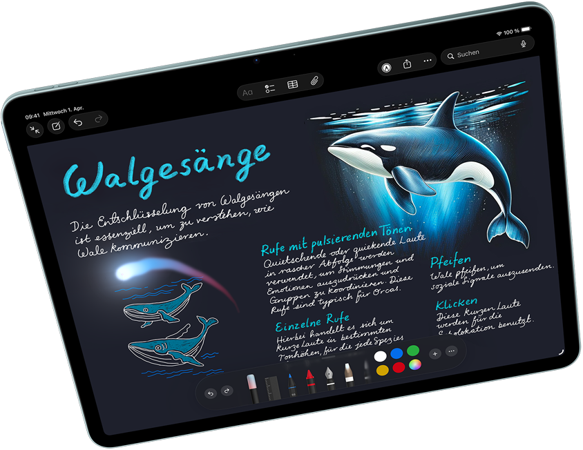Ein iPad Air im Querformat zeigt Apple Intelligence mit Bildkreation in Notizen, Apple Pencil Pro