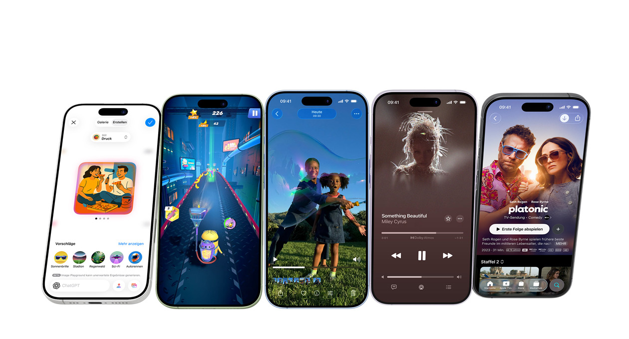 iPhone 17 Geräte in unterschiedlichen Farben, die Displays zeigen verschiedene Apps