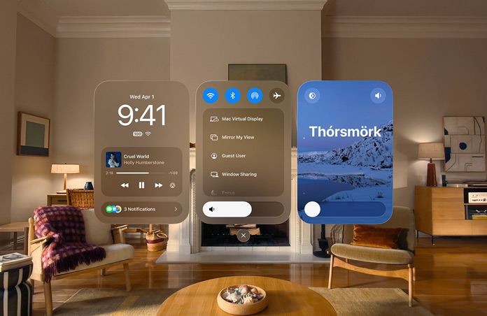 Apple Vision Pro Ansicht mit drei geöffneten Fenstern, von links nach rechts: Datum und Uhrzeit mit Steuerelementen für den Media Player, Steuerelemente für die Konnektivität und Displayeinstellungen