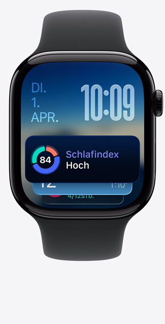 Apple Watch Series 11, Aluminiumgehäuse, Farbe poliertes Diamantschwarz, Smart Stapel, Schlafindex Mitteilung, rechte Seitenansicht, Digital Crown, Sportarmband Schwarzlafindex Mitteilung, rechte Seitenansicht, Digital Crown, Sportarmband Schwarz