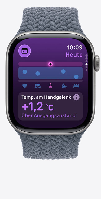 Apple Watch Series 11, Titangehäuse, Farbe Schiefer, Vitalzeichen App, Diagramm mit Gesundheitsbewertung, Mitteilung: Temperatur am Handgelenk über dem Basiswert, rechte Seitenansicht, Digital Crown, Geflochtenes Solo Loop Maritimblau