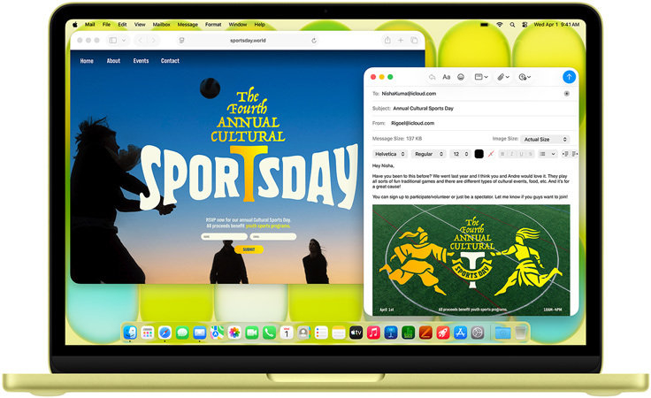 MacBook Neo, citrus color, user is composing an email invitation to an art exhibit, website for the event open alongside