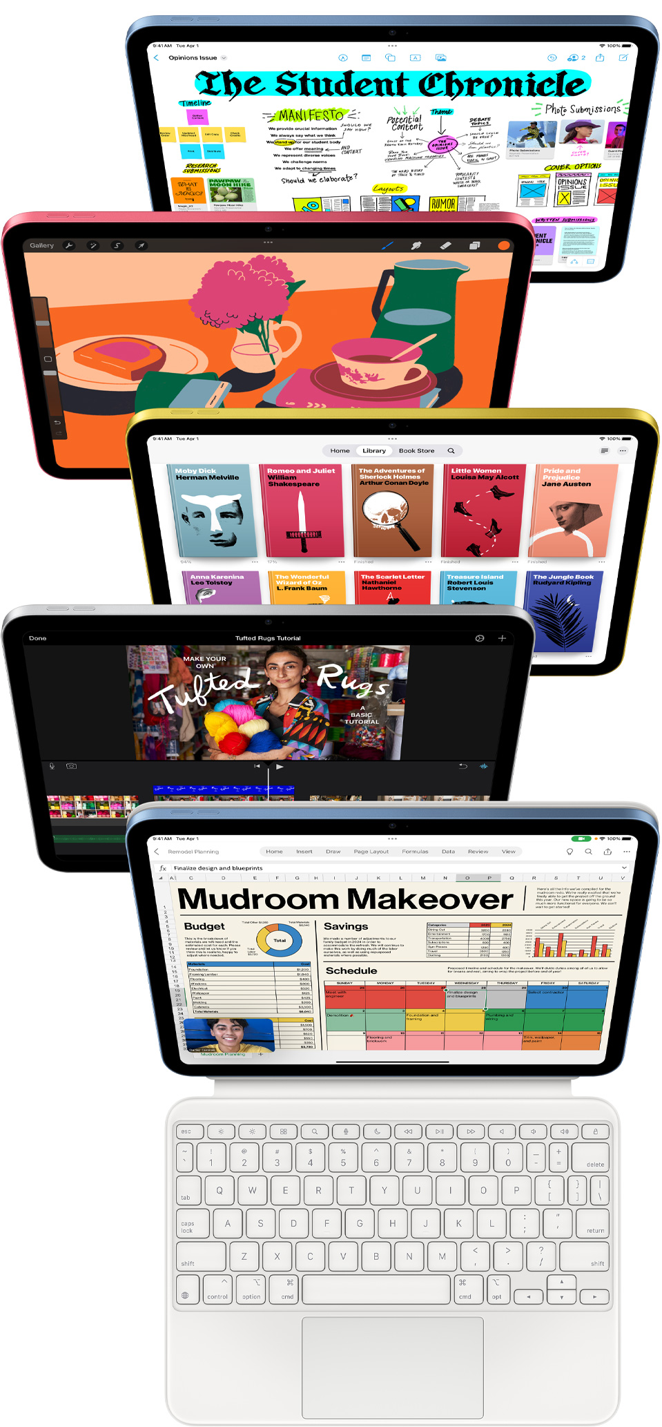 Esiküljega iPadi ekraanid, millel on näha mitmeid rakendusi, sealhulgas Freeform, ProCreate, Apple Books, iMovie ning Excel ja Webex Meetings.