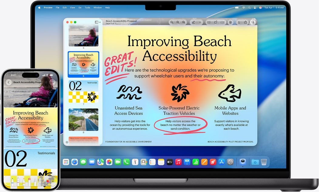 iPhone ja MacBook kõrvuti, nii et MacBookis on näha peegeldamisfunktsioon. Vidinad Calendar ja Notes ekraani ülaosas, rakendused alaosas.