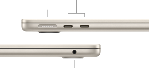 MacBook Air, kinni, vasak külg näitamas MagSafe'i ja kahte Thunderbolt pesa, parem pool näitamas kõrvaklapipesa