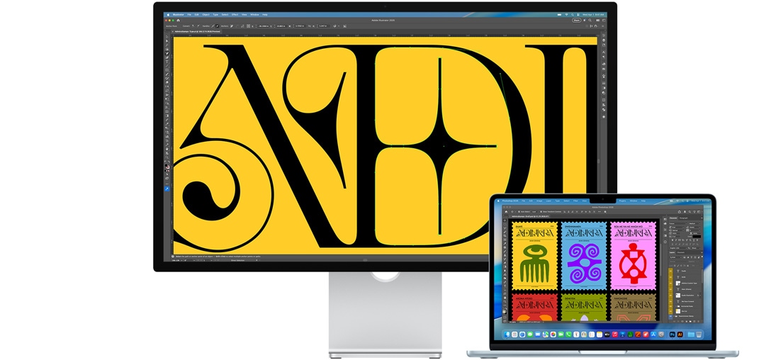 Studio Display ja Maci sülearvuti näitamas mitmes Adobe programmis projekti kallal töötamist. Studio Display näitab lähedalt musta teksti rikkaliku kollase taustaga, peegeldusvastane kate aitab peegeldust vähendada