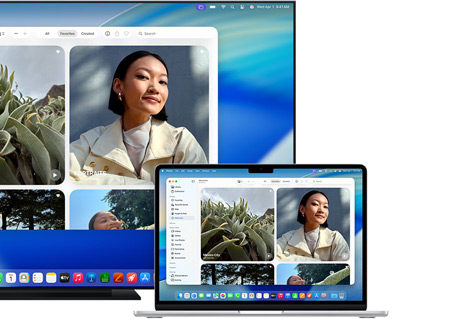 Un Mac compartiendo fotos en un televisor de pantalla plana mediante AirPlay de Apple