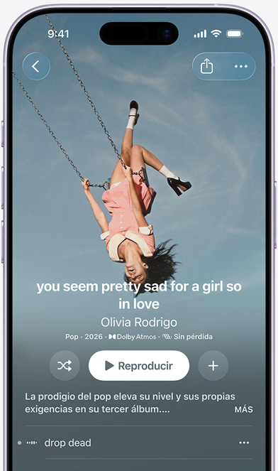 Pantalla de un iPhone que muestra el álbum «you seem pretty sad for a girl so in love» de Olivia Rodrigo en Apple Music