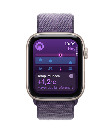 Apple Watch SE 3, caja de aluminio, color blanco estrella, datos de temperatura de la muñeca, lateral derecho, Digital Crown, correa Loop deportiva, color niebla lila