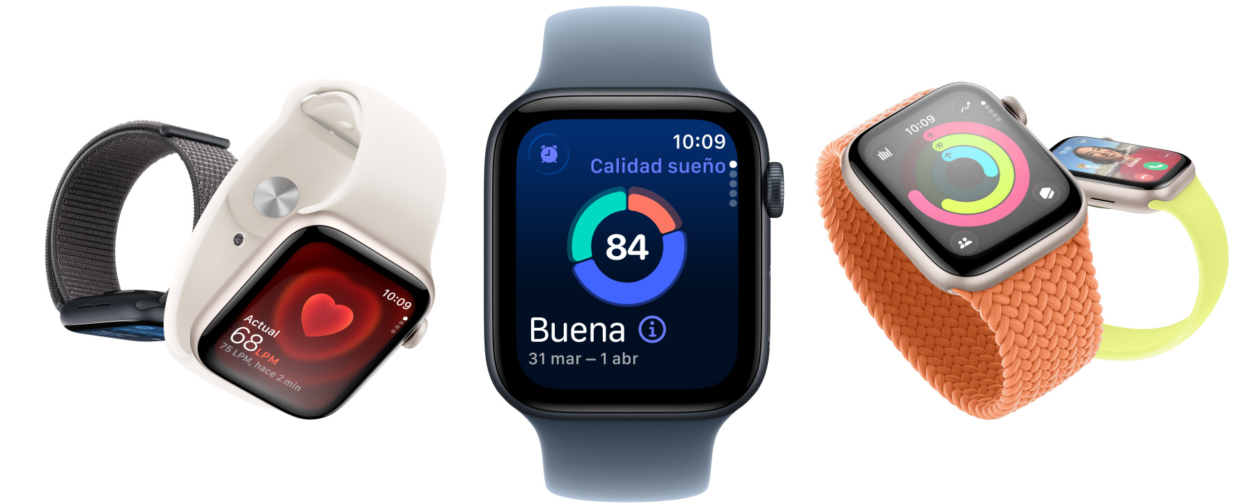 Apple Watch SE 3 con cajas de aluminio disponibles en los colores blanco estrella y medianoche, muestran apps como Constantes Vitales, Frecuencia Cardiaca, Calidad del Sueño, anillos de Actividad y llamada entrante