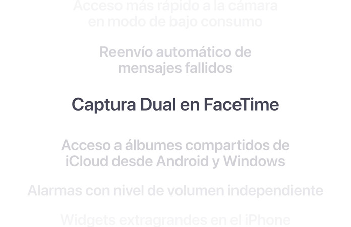 Una lista vertical de prestaciones, con la prestación Captura Dual en FaceTime en negrita en el centro. Las prestaciones de arriba y abajo se atenúan y pasan a un segundo plano.