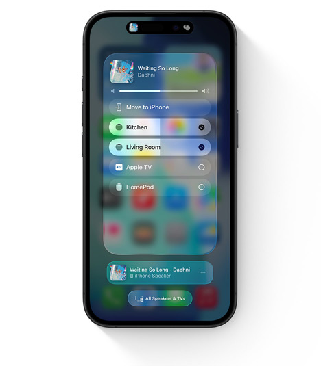 En iPhone som viser brukergrensesnittet for AirPlay for lyd i flere rom
