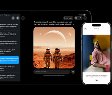 Apple Intelligence affichant les images de deux astronautes marchant dans un désert martien sur iPad 11 Pro, et ajustant la perspective d’une photo sur iPhone 17 Pro.