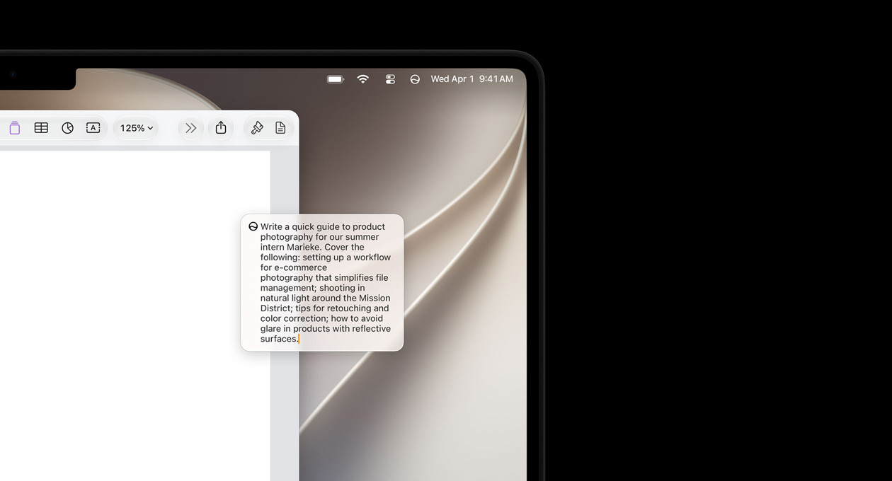 Obere linke Ecke eines iPad, das Display zeigt ein geöffnetes Pages Dokument mit der Aufforderung „Mit Siri schreiben“, um einen Textentwurf zu erstellen