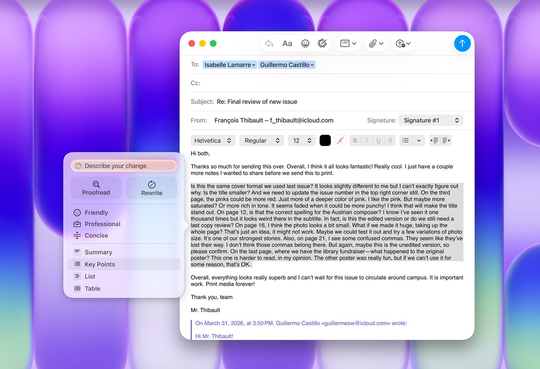 Mail-app met Apple Intelligence-venster met Schrijfhulp, met focus op de optie voor kernpunten