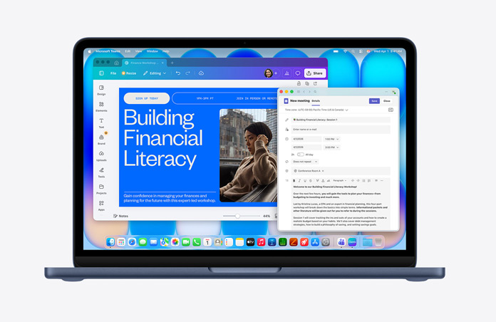 MacBook Neo in de kleur middernacht, met op het scherm een webpagina met de titel ‘Building Financial Literacy’ en een afbeelding van een persoon, een open concept van een e-mail, een menubalk met verschillende symbolen, onderaan het Dock met appsymbolen