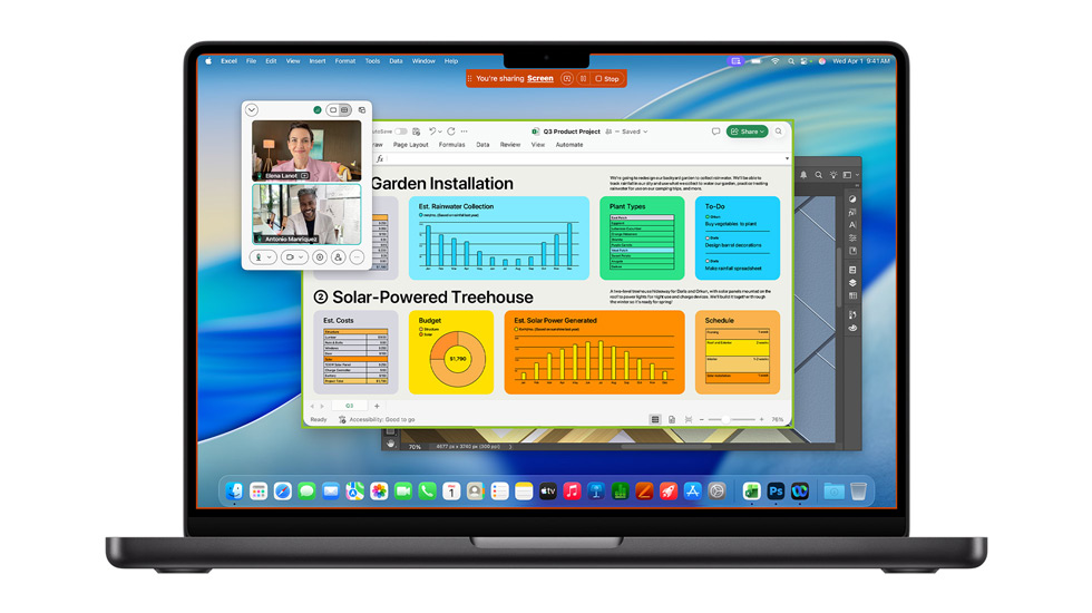 Pantalla de Mac con macOS Tahoe que muestra varias apps abiertas, incluidas Webex y Excel.