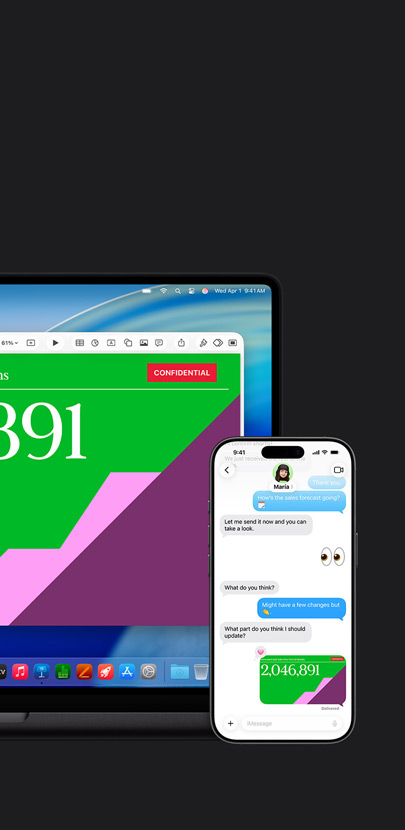 Un Mac muestra una presentación y el fondo de pantalla de macOS Tahoe. Frente al Mac hay un iPhone con la misma presentación dentro de un intercambio de mensajes de texto.