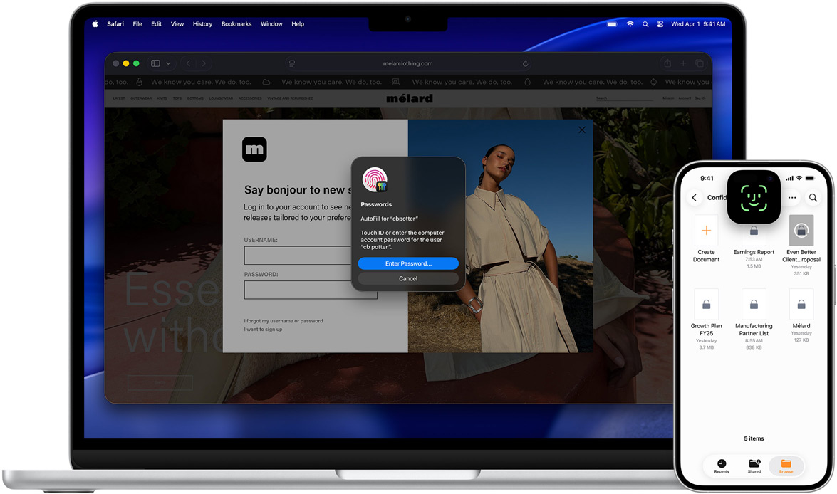 MacBook featuring Touch ID window, with macOS Tahoe wallpaper, and in front of the MacBook is an iPhone featuring Face ID screen.