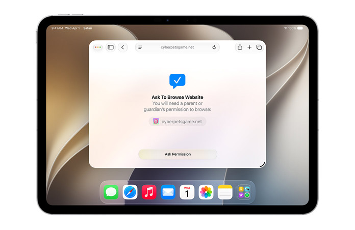 iPad mit der Benutzeroberfläche „Surfanfrage“, die die Person benachrichtigt, dass sie eine Erlaubnis zum Aufrufen einer Website benötigt, mit der Taste „Erlaubnis anfordern“ darunter.