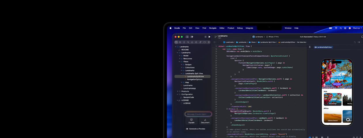Xcode läuft auf einem Mac, mit dem KI Programmierassistenten Claude Agent und einer App Vorschau auf dem iPhone