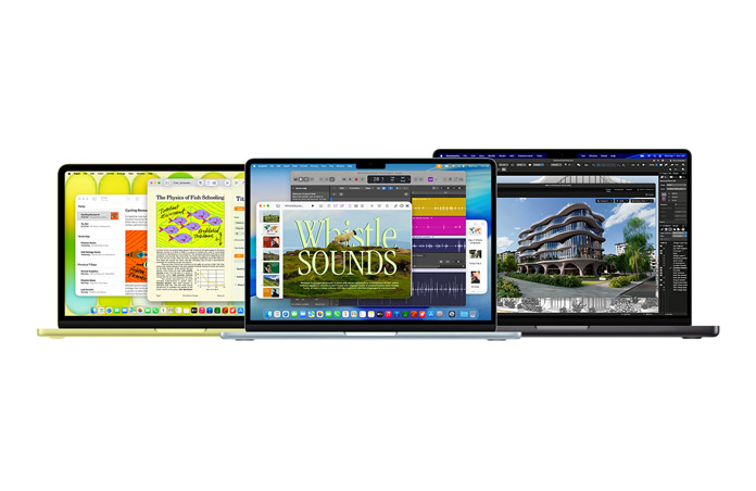 Un MacBook Neo jaune agrume, un MacBook Air argent et un MacBook Pro noir sidéral illustrent les différentes performances de la gamme Mac