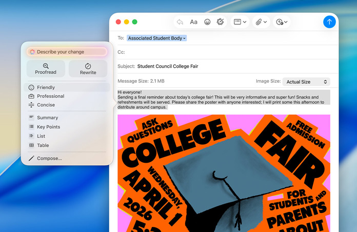 Eine E-Mail zur Studienmesse in Mail auf dem Mac mit geöffneten Apple Intelligence Schreibtools und Optionen zum Korrekturlesen oder Umschreiben des Tonfalls