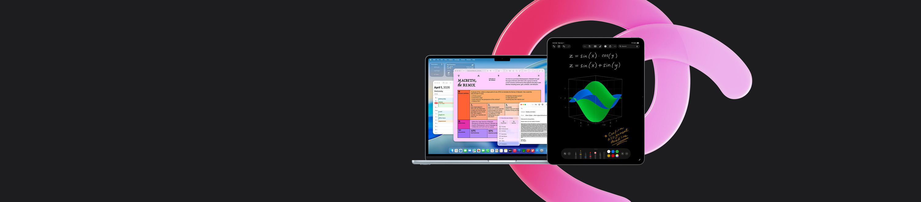 Ein MacBook Air zeigt Pages, Kalender, einen Hinweis und Mail neben einem iPad mit handschriftlichen Gleichungen in Mathematische Notizen, um Produktivität mit integrierten Apps zu demonstrieren