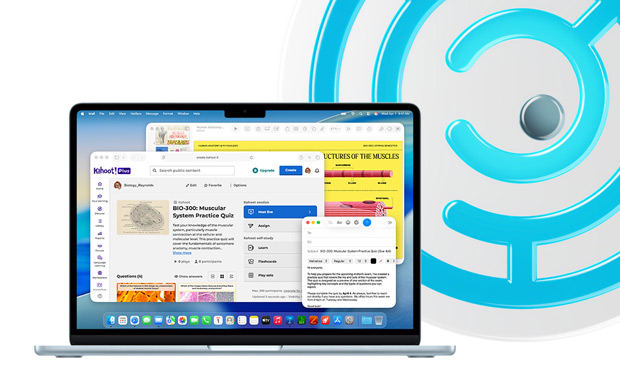 MacBook, Sky Blue, open laptop displaying educational content in Keynote, Mail and Safari showing Kahoot!, including "BIO-200 Muscular System Practice Quiz"