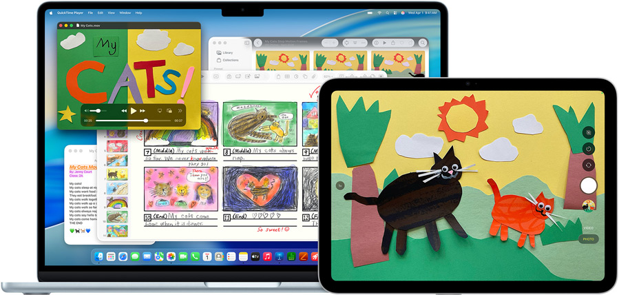Mac og iPad viser en kreativ præsentation med teksturerede dyr for at vise enhedernes alsidighed